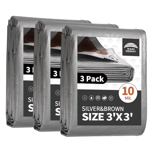 RAINDEWAY Small Tarps 3x3 Feet(3 Pack) Heavy Duty Waterproof,10Mil Thick Multipurpose Poly Tarp Cover with Metal Grommets and Reinforced Edges,Silver/Brown Tarp - Image 1