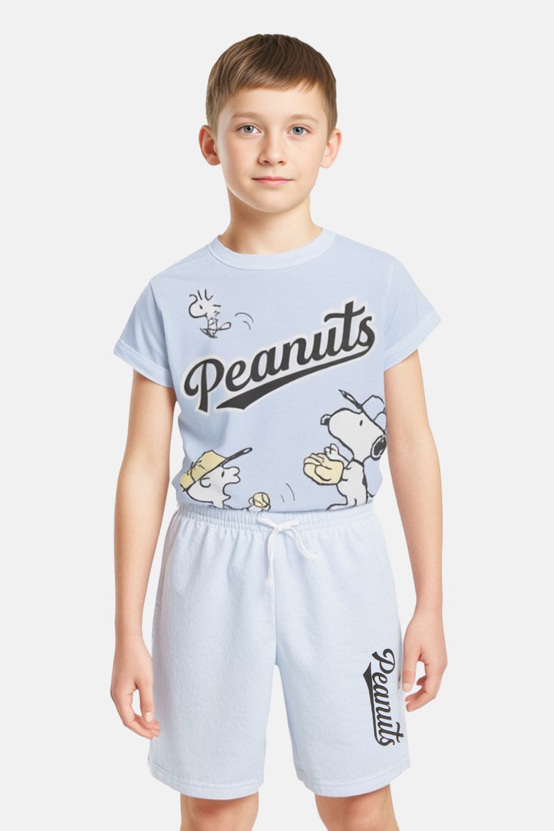 Peanuts Kids Boy 2 Pieces Graphic Print T-Shirt And Shorts Set, Light Blue - Image 1