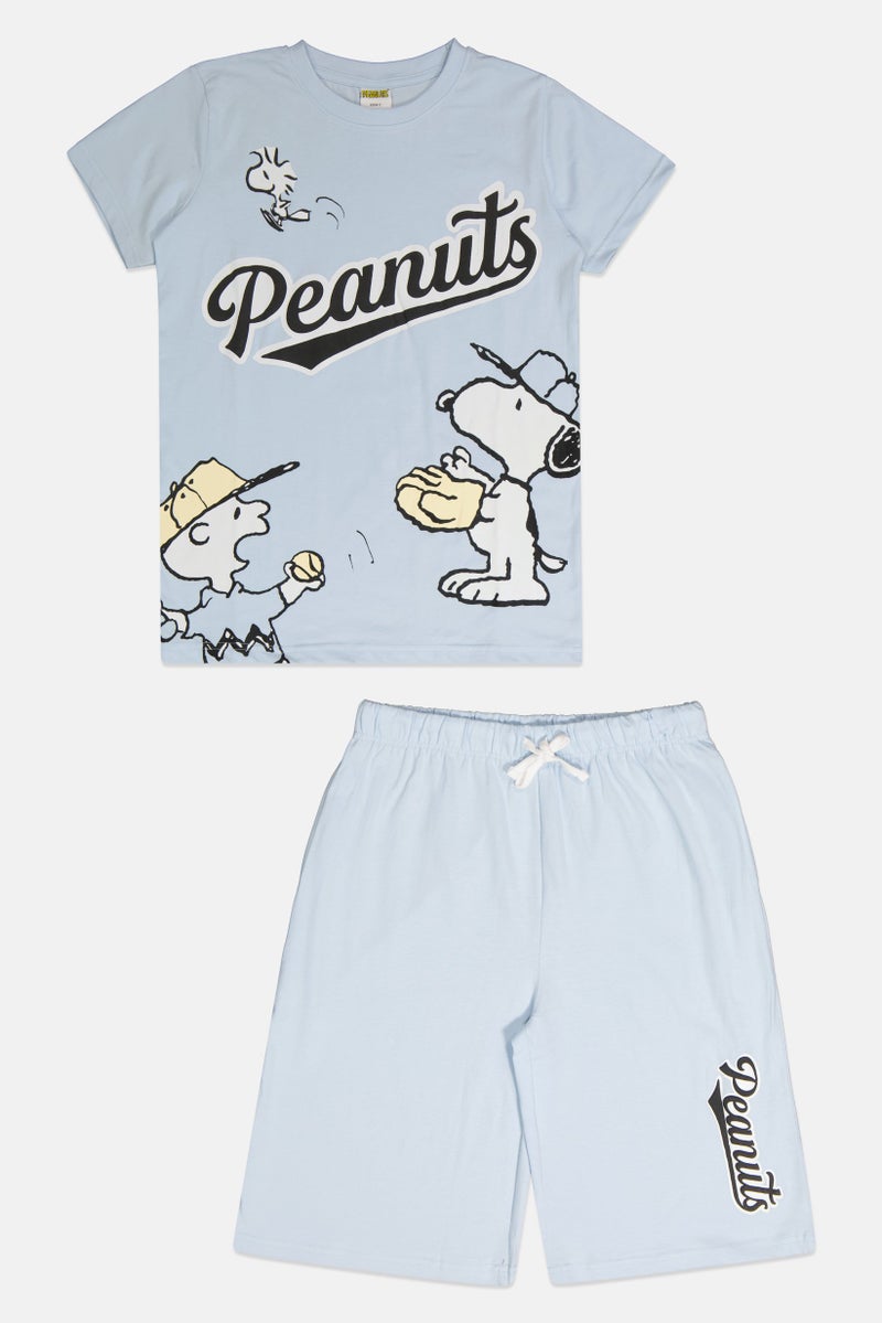 Peanuts Kids Boy 2 Pieces Graphic Print T-Shirt And Shorts Set, Light Blue - Image 3