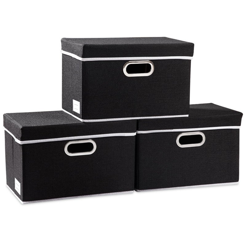 PRANDOM Foldable Storage Box with Lid 3Pack Fabric Collapsible Storage Bin Organizer Container Basket Cube with Cover for Home Bedroom Closet Office Nursery Black 149x98x98