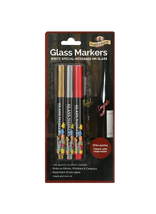 Parker & Bailey Parker  Bailey Glass Markers  Metallic Markers Wine Glass Markers Washable Wine Markers for Window Mirror Ceramics Drink Glasses Bottles NonToxic Glass Pens Gold Silver Red Markers  3 Pack 