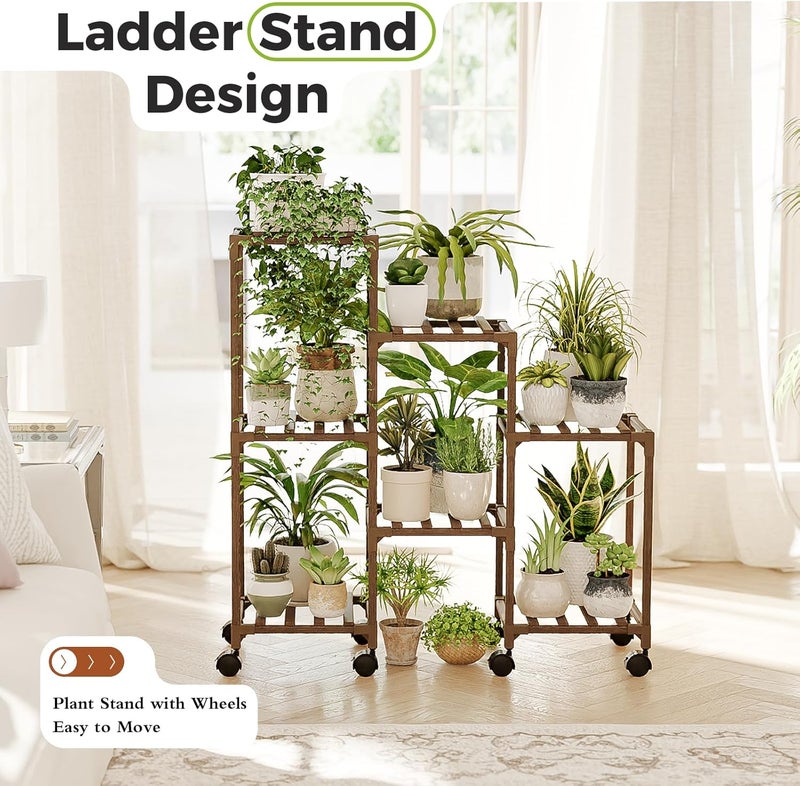 Bamworld Plant Stand with Wheels for Indoor Plants Wood Outdoor Tiered Shelf 3 Tire 7 Potted Ladder Plant Holder Table Pot Stand for Window Garden Balcony Patio Living Room (natureDL) - Image 2