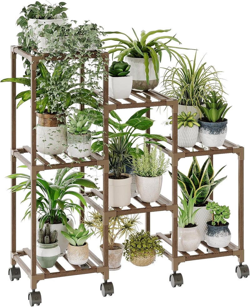 Bamworld Plant Stand with Wheels for Indoor Plants Wood Outdoor Tiered Shelf 3 Tire 7 Potted Ladder Plant Holder Table Pot Stand for Window Garden Balcony Patio Living Room (natureDL) - Image 1