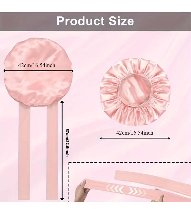 Women Silk Sleep Cap 16.54in with Tie Soft Stretchy Hair Net Breathable for Curly Hair Pink - Image 4