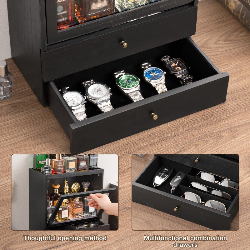Emfogo Cologne Organizer, 4 Tier Vertical Wood Perfume Stand for Men, Large Capacity Dustproof Perfumes Organizer Cologne Stand with Double Drawer Storage, Gift for Loved ones (Black) - Image 4