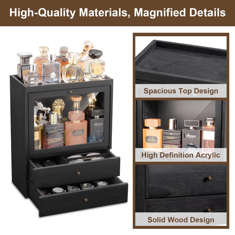 Emfogo Cologne Organizer, 4 Tier Vertical Wood Perfume Stand for Men, Large Capacity Dustproof Perfumes Organizer Cologne Stand with Double Drawer Storage, Gift for Loved ones (Black) - Image 3