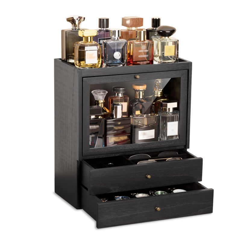 Emfogo Cologne Organizer, 4 Tier Vertical Wood Perfume Stand for Men, Large Capacity Dustproof Perfumes Organizer Cologne Stand with Double Drawer Storage, Gift for Loved ones (Black) - Image 1