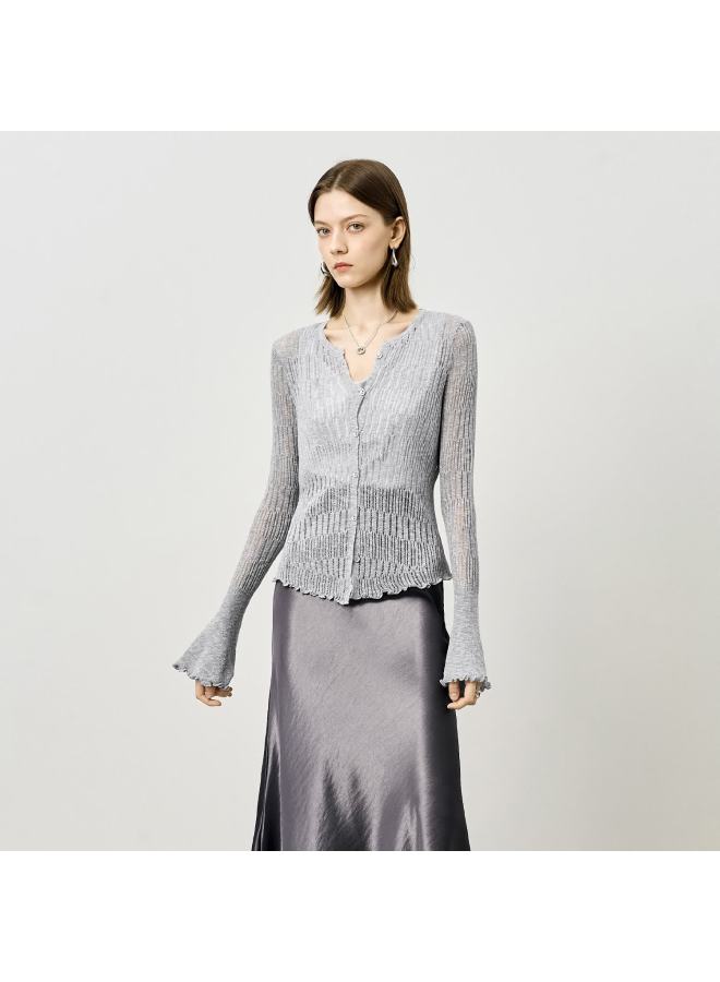 Yanyee Women's Long Sleeve Knit Sweater Early Autumn Thin Loose Slim V-neck Cardigan Light Gray 2XL - Image 1