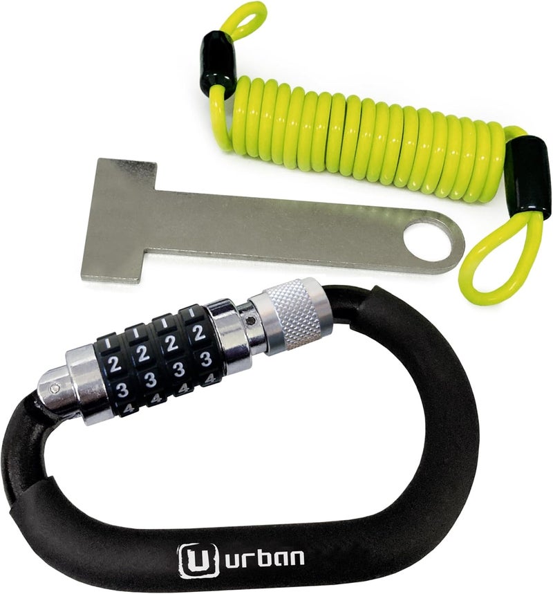 Urban UR140 Motorcycle Helmet Lock, Carabiner with Safer 4 Digit Code, T Buckle Adapter, More Visible Braided Steel Security Cable, Universal Anti Theft Accessory for Motorcycle and Bicycle Helmets - Image 1
