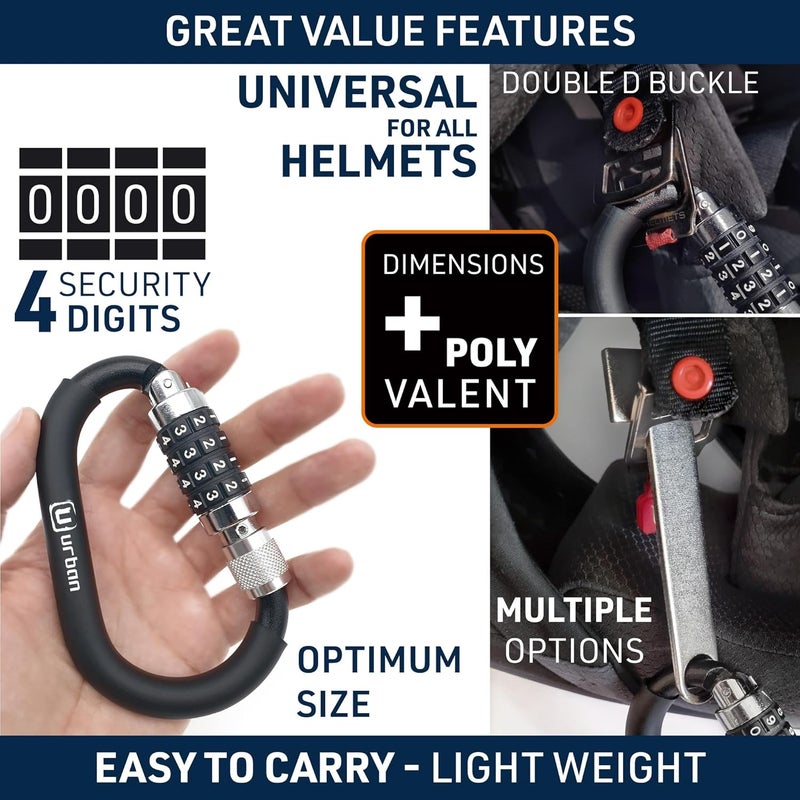 Urban UR140 Motorcycle Helmet Lock, Carabiner with Safer 4 Digit Code, T Buckle Adapter, More Visible Braided Steel Security Cable, Universal Anti Theft Accessory for Motorcycle and Bicycle Helmets - Image 5
