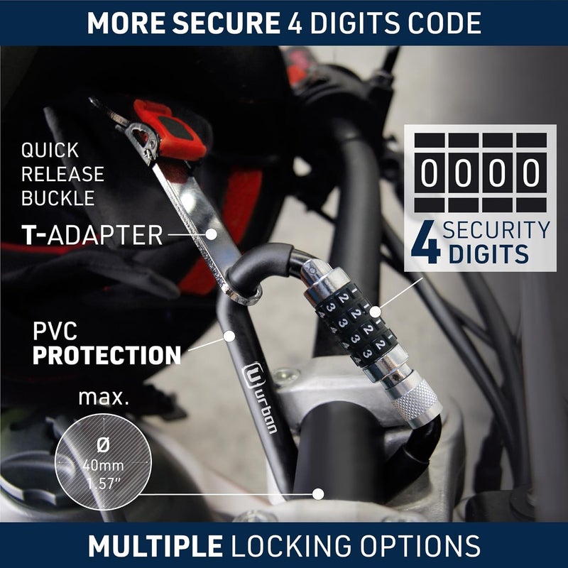 Urban UR140 Motorcycle Helmet Lock, Carabiner with Safer 4 Digit Code, T Buckle Adapter, More Visible Braided Steel Security Cable, Universal Anti Theft Accessory for Motorcycle and Bicycle Helmets - Image 3