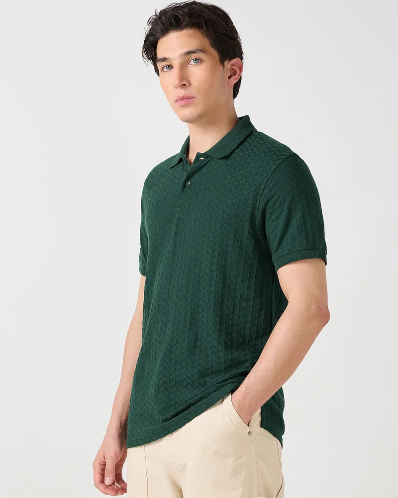 bewakoof Men's Green Textured Korean Polo T-shirt