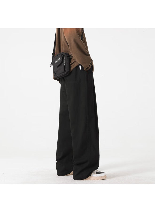Poum Pure Cotton American Retro Pants For Men, Spring And Summer Style, Trendy Loose-fitting Athletic Cargo Wide-leg Trousers, 8356 Black S - Image 2