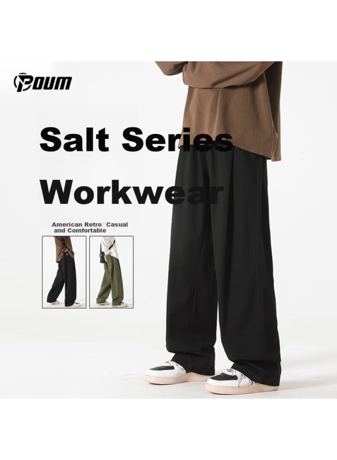 Poum Pure Cotton American Retro Pants For Men, Spring And Summer Style, Trendy Loose-fitting Athletic Cargo Wide-leg Trousers, 8356 Black S - Image 1