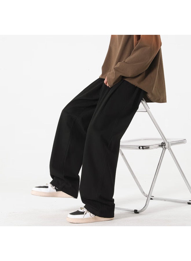 Poum Pure Cotton American Retro Pants For Men, Spring And Summer Style, Trendy Loose-fitting Athletic Cargo Wide-leg Trousers, 8356 Black S - Image 4