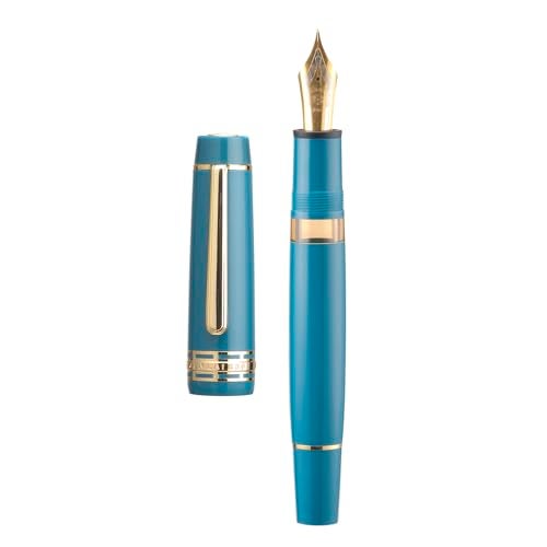 Wikult Yongsheng Junlai 630 Acrylic Fountain Pen Size 8 Medium Nib with Piston Filling System Indigo Blue Transparent Ink Tank with Flat Top Shape Design Smooth Writing Pen Gold Trim - Image 1