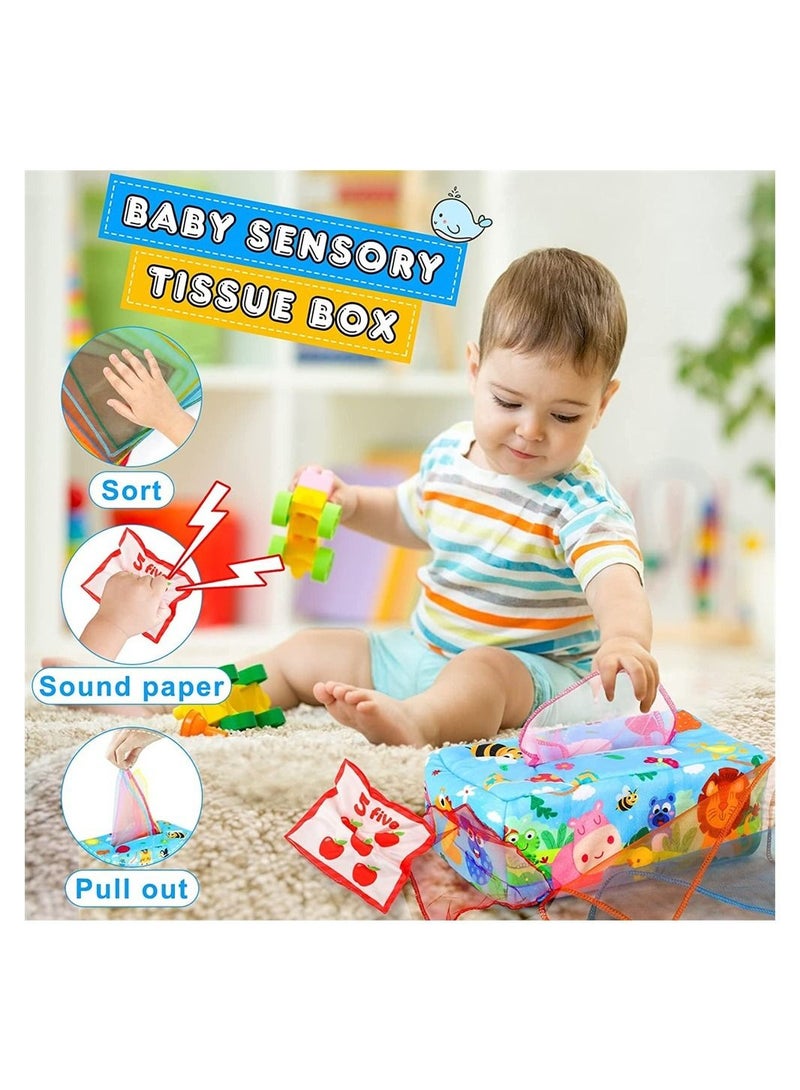 NIBEMINENT Baby Tissue Box Toy, Montessori Toys, Sensory Pull Along Toy for Toddlers with Colorful Scarves Crinkle Tissues Soft Cloth Numbe and Animals Pattern, Educational Preschool Learning Toys  - Image 3