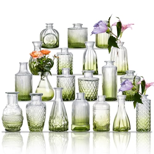 Ulodimi Glass Bud Vase Set of 20 - Small Vases for Flowers in Bulk - Assorted Vintage Crystal Vases for Flowers, Table Centerpieces (Green, 20 Pcs) - Image 1