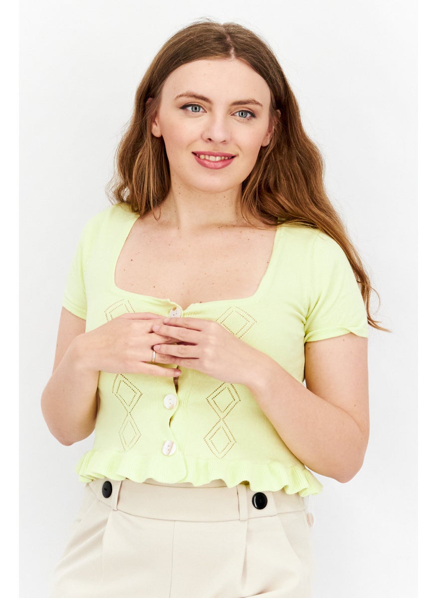 GLAMOROUS Women Square Neck Short Sleeve Crop Top, Lime Green  - Image 1