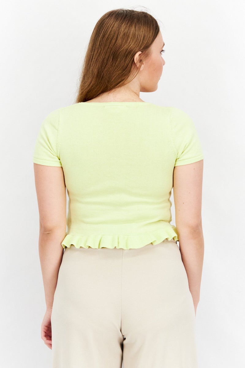 GLAMOROUS بلوزة قصيرة الأكمام ذات ياقة مربعة للنساء، لون ليموني - Image 4