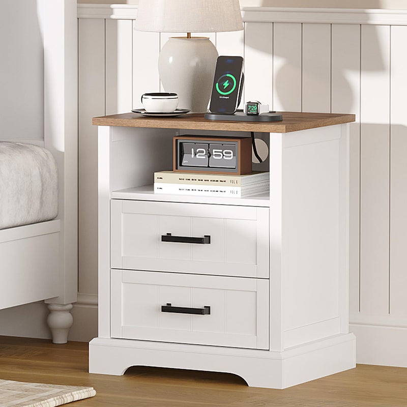 ChooChoo Farmhouse Night Stands with Charging Station, Wood Nightstand with 2 Drawers, Bedside Table with Open Storage Shelf for Bedroom, White - Image 1
