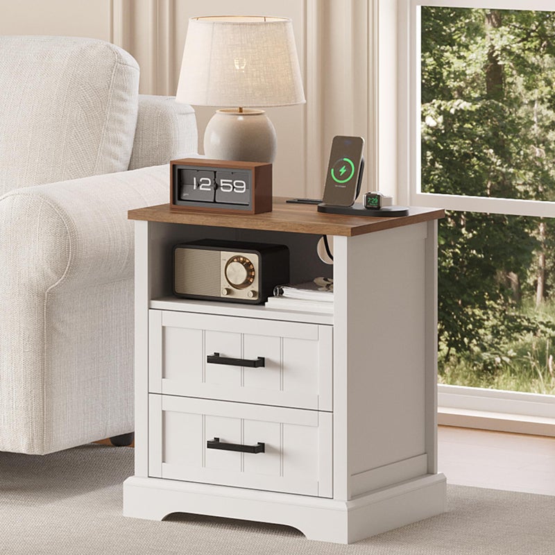 ChooChoo Farmhouse Night Stands with Charging Station, Wood Nightstand with 2 Drawers, Bedside Table with Open Storage Shelf for Bedroom, White - Image 4
