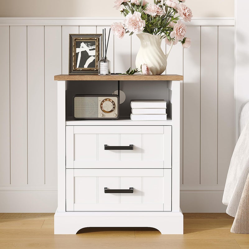 ChooChoo Farmhouse Night Stands with Charging Station, Wood Nightstand with 2 Drawers, Bedside Table with Open Storage Shelf for Bedroom, White - Image 2