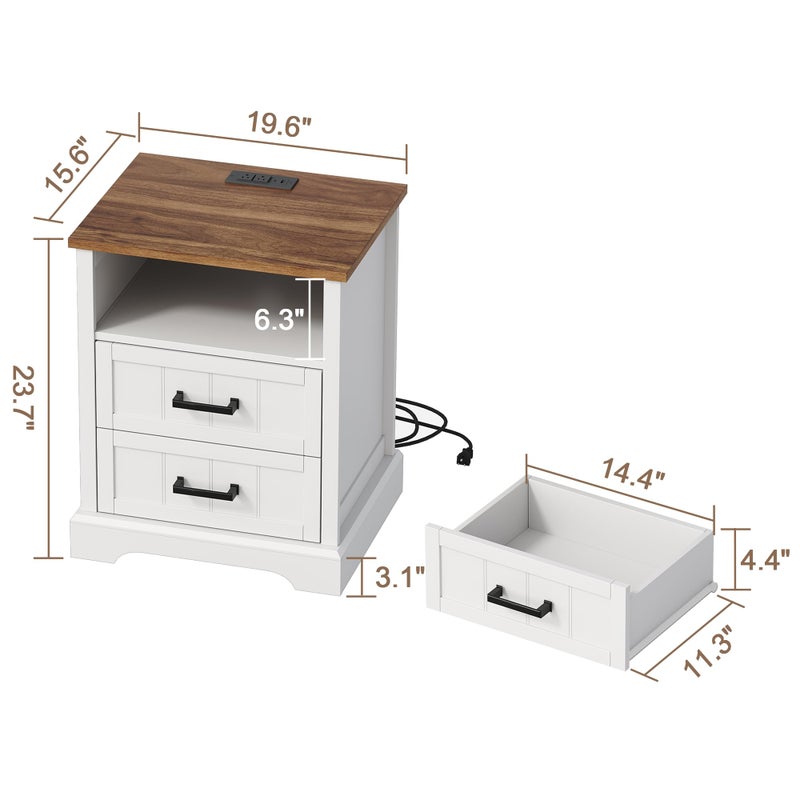 ChooChoo Farmhouse Night Stands with Charging Station, Wood Nightstand with 2 Drawers, Bedside Table with Open Storage Shelf for Bedroom, White - Image 3