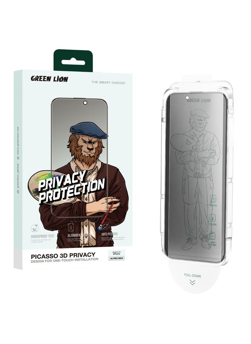 GREEN LION - iPhone 16 Pro Max Screen Protector Picasso 3D Privacy Glass with Alignment Tray / Anti-Scratch / Anti-Peeping / Anti Fingerprint / Bubble Free / Crystal Clear / Highly Responsive - Black Edge/Privacy - Image 1