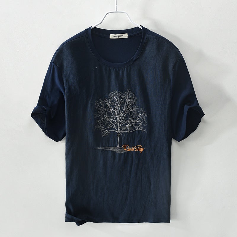 103 Summer Linen Printing Short Sleeve Casual T-Shirt Men'S Cotton And Linen Round Neck Thin Breathable Jacket A Generation Of Hair - Image 3
