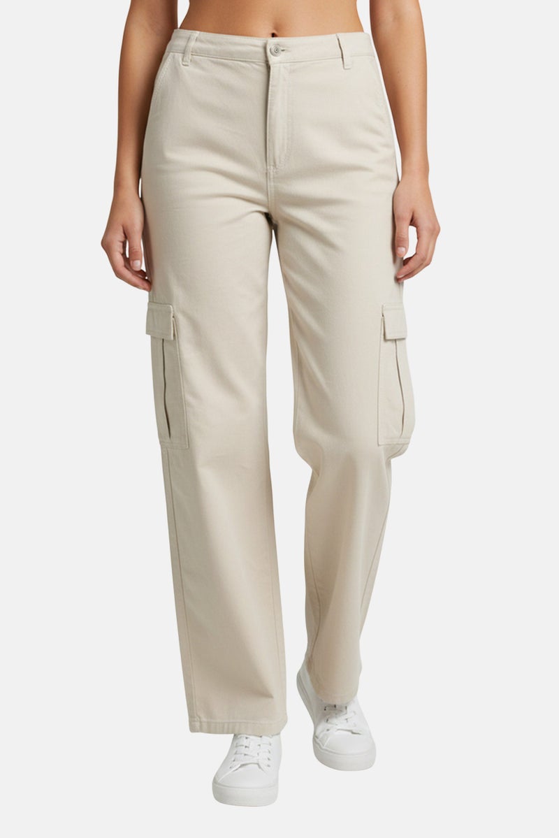 promod Women Regular Fit Solid Cargo Pants, Beige - Image 1