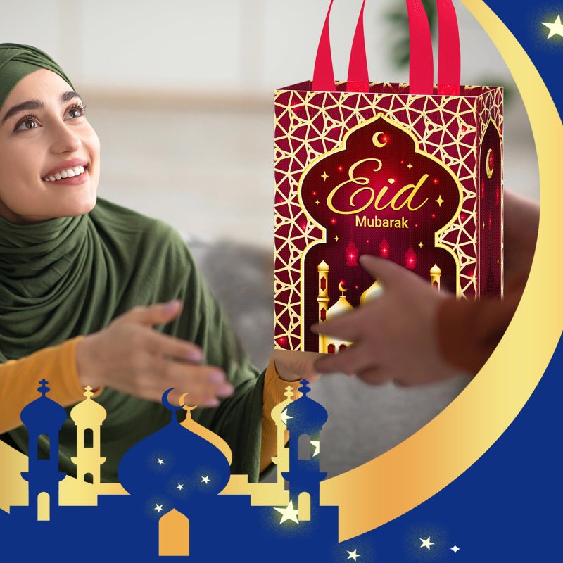 Clysee 12 Pcs Eid Mubarak Reusable Gift Bags with Handles Non Woven Ramadan Mubarak Gift Bags 6 Colors Eid Mubarak Treat Bags Gift Wrap Bags 10.2 x 8.3 x 3.9 Inch Reusable Tote Bags for Gifts - Image 5