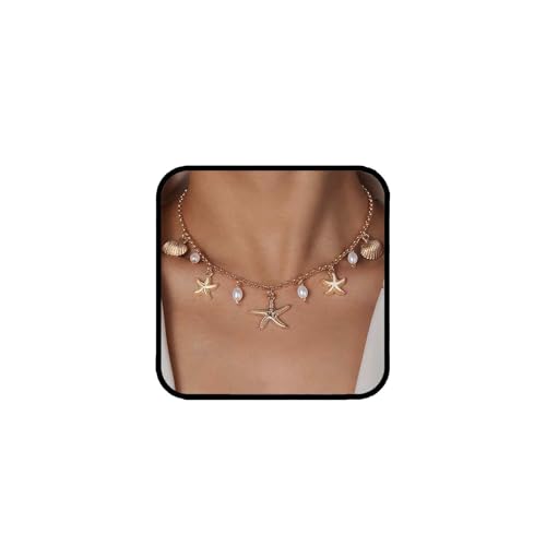 FFZDENA 1PCS Beach Jewellery for Women, Layered Necklace for Women with Pearl and Starfish Pendant, Long Chain with Pendant for Women, Stylishshell Necklace for Summer and Evening Events (Golden) - Image 1
