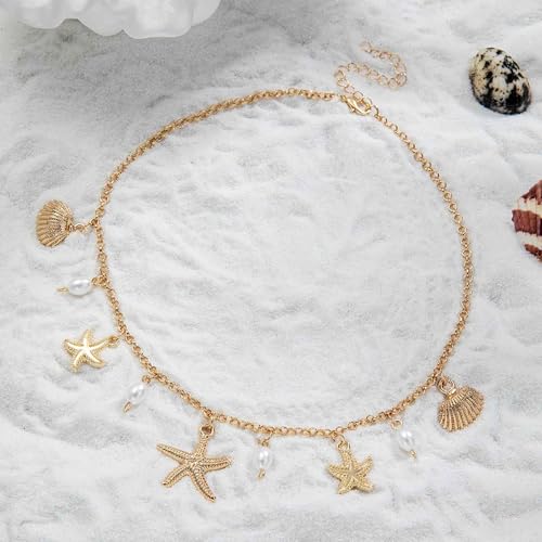 FFZDENA 1PCS Beach Jewellery for Women, Layered Necklace for Women with Pearl and Starfish Pendant, Long Chain with Pendant for Women, Stylishshell Necklace for Summer and Evening Events (Golden) - Image 4