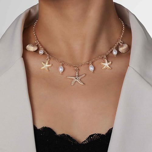 FFZDENA 1PCS Beach Jewellery for Women, Layered Necklace for Women with Pearl and Starfish Pendant, Long Chain with Pendant for Women, Stylishshell Necklace for Summer and Evening Events (Golden) - Image 5