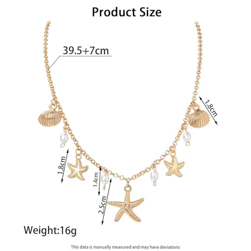 FFZDENA 1PCS Beach Jewellery for Women, Layered Necklace for Women with Pearl and Starfish Pendant, Long Chain with Pendant for Women, Stylishshell Necklace for Summer and Evening Events (Golden) - Image 2