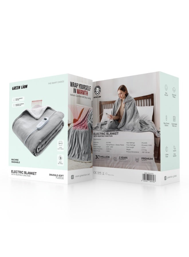 جرين ليون بطانية كهربائية فاخرة 160 واط مع جهاز تحكم LCD للتسخين الكهربائي لآلام الظهر الدورية / قابلة للغسل في الآلة / مستوى حرارة قابل للتعديل / أزرار تحكم بسيطة / طول السلك: 2.3 متر - رمادي - Image 4