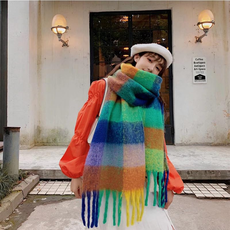 MININAI Chunky Winter Scarfs for Women Cold Weather Warm Knit Thick Plaid Scarf Long Large Oversized Checked Scarves (Rainbow) - Image 5
