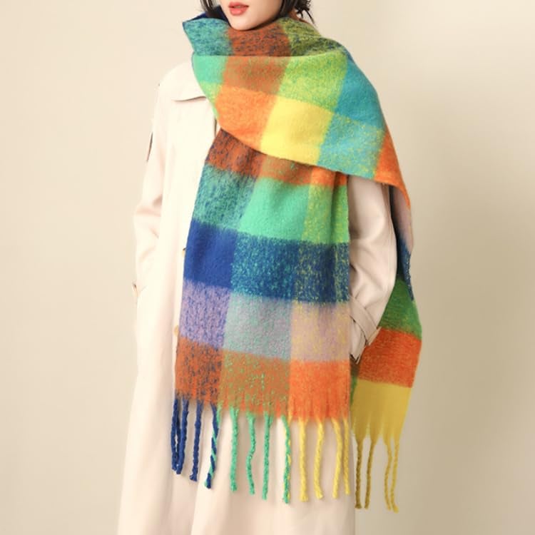 MININAI Chunky Winter Scarfs for Women Cold Weather Warm Knit Thick Plaid Scarf Long Large Oversized Checked Scarves (Rainbow) - Image 2