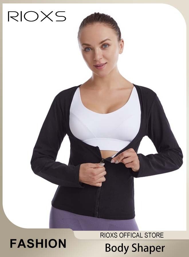 RIOXS Women Compression Shapewear Tops, Long Sleeves Hot Waist Trainer, Underbust Tummy Control Body Shaper, Underbust Corset with Zipper, Lightweight Comfortable Sweat Fitness Shirt, Sauna Effect Tops, Easy to Wear and Take Off  - Image 1