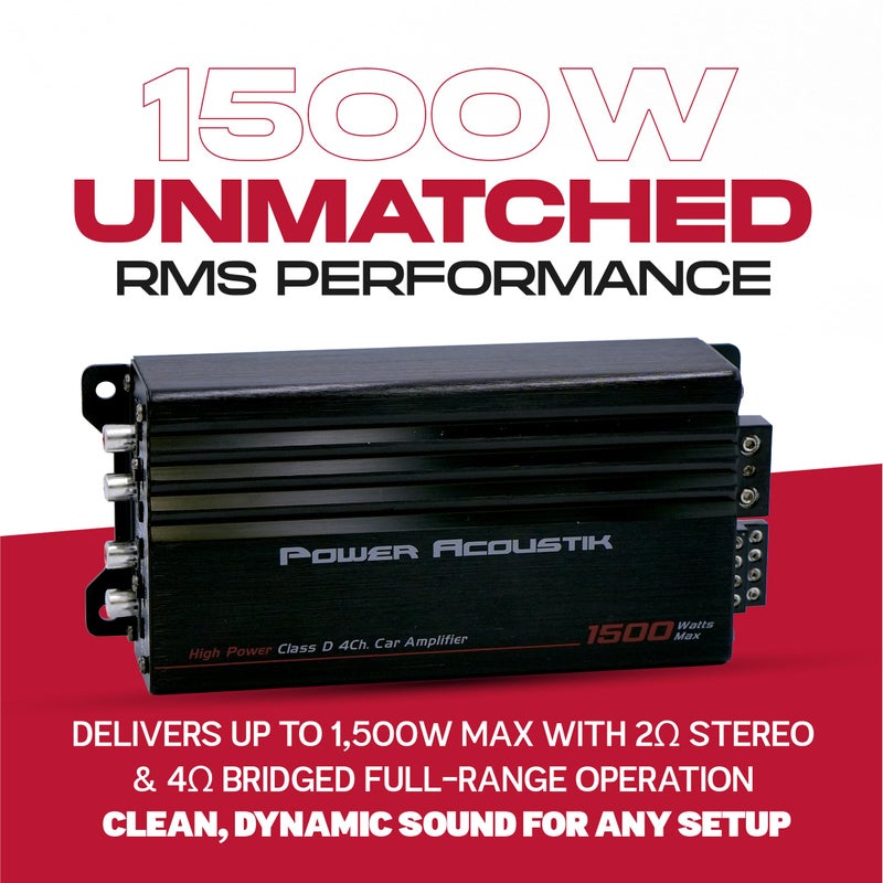 Power Acoustik 4 Channel Car Amplifier â€“ 1500W Max Compact Class D Amp | Small 4-Channel Amp for Tight Installs | Powerful 4 Channel Audio Amp for Full-Range Systems - Image 2