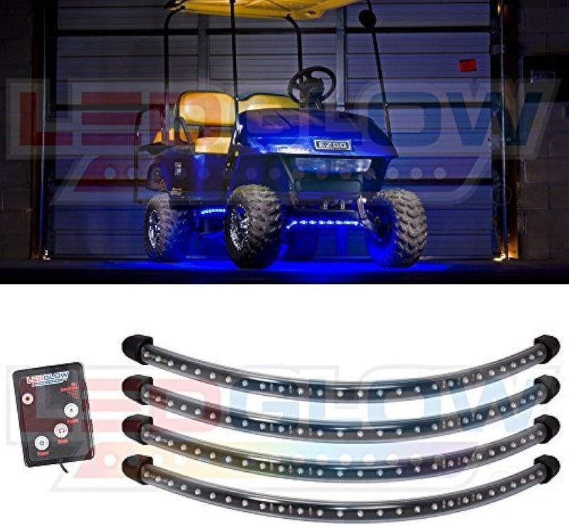 LEDGlow 4pc. Blue LED Golf Cart Underbody Underglow Light Kit - Water Resistant Flexible Tubes - Includes Wireless Remote - Image 1