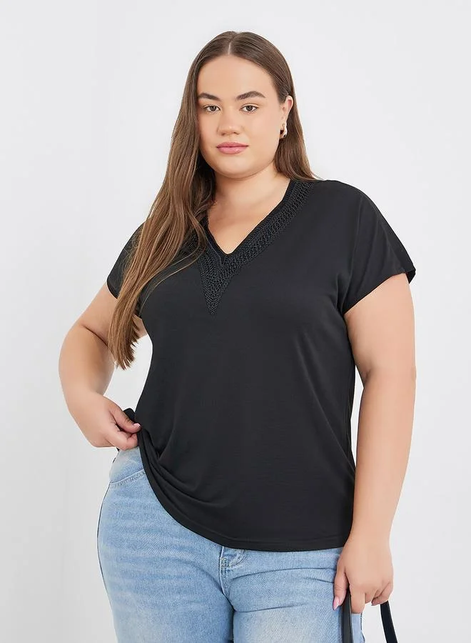 Styli Plus Black T-Shirt with Lace Detail