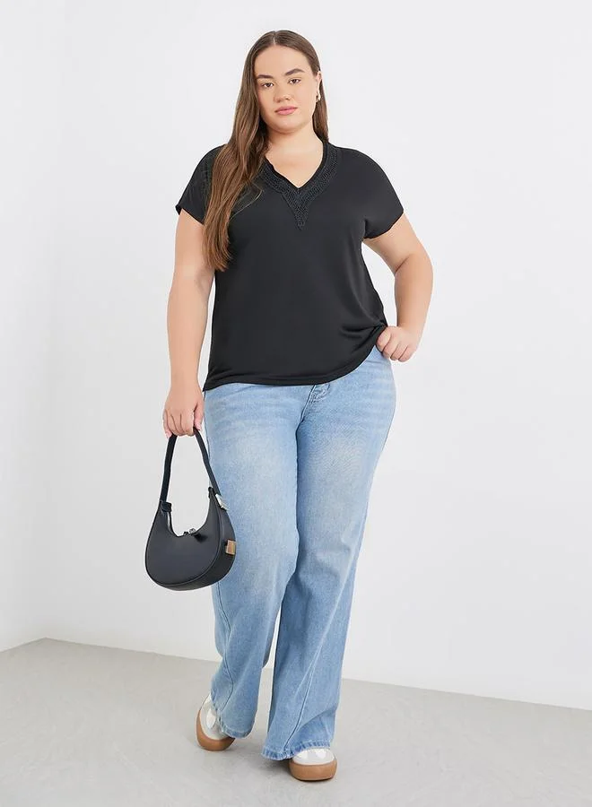 Styli Plus Black T-Shirt with Lace Detail