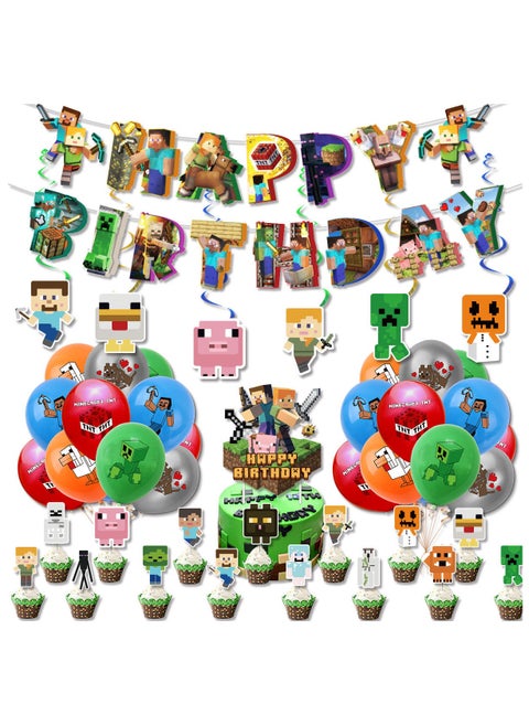 My World Pixel Game Theme Birthday Party Decoration Set Flag Cake Card Balloon