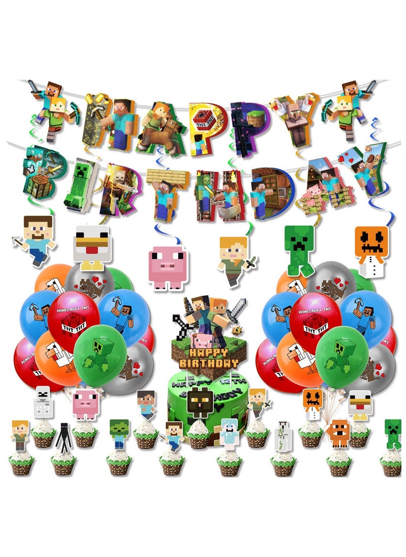 My World Pixel Game Theme Birthday Party Decoration Set Flag Cake Card Balloon