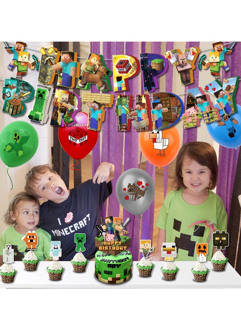 My World Pixel Game Theme Birthday Party Decoration Set Flag Cake Card Balloon