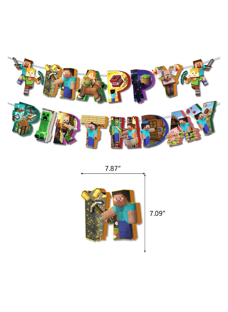 My World Pixel Game Theme Birthday Party Decoration Set Flag Cake Card Balloon