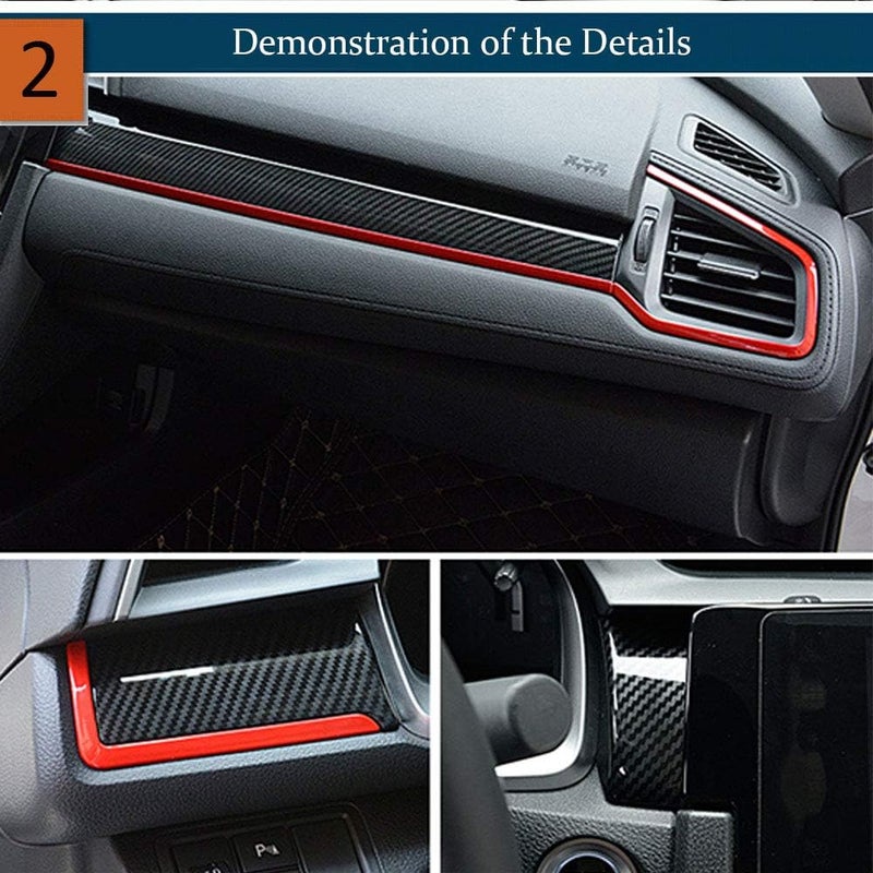 BOLTRY 9-Piece ABS Carbon Fiber Print Dashboard Trim Kit for Honda 10th Civic (2016-2021) - Red - Image 4