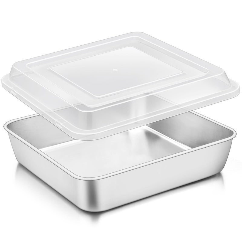 TeamFar 9 x 9 Inch Square Cake Pan, Stainless Steel Square Baking Pan with Lid for Brownie Lasagna, Non-Toxic & Heavy Duty, One Piece & Smooth, Dishwasher Safe & Easy Clean, (1 Pan + 1 Lid) - Image 1